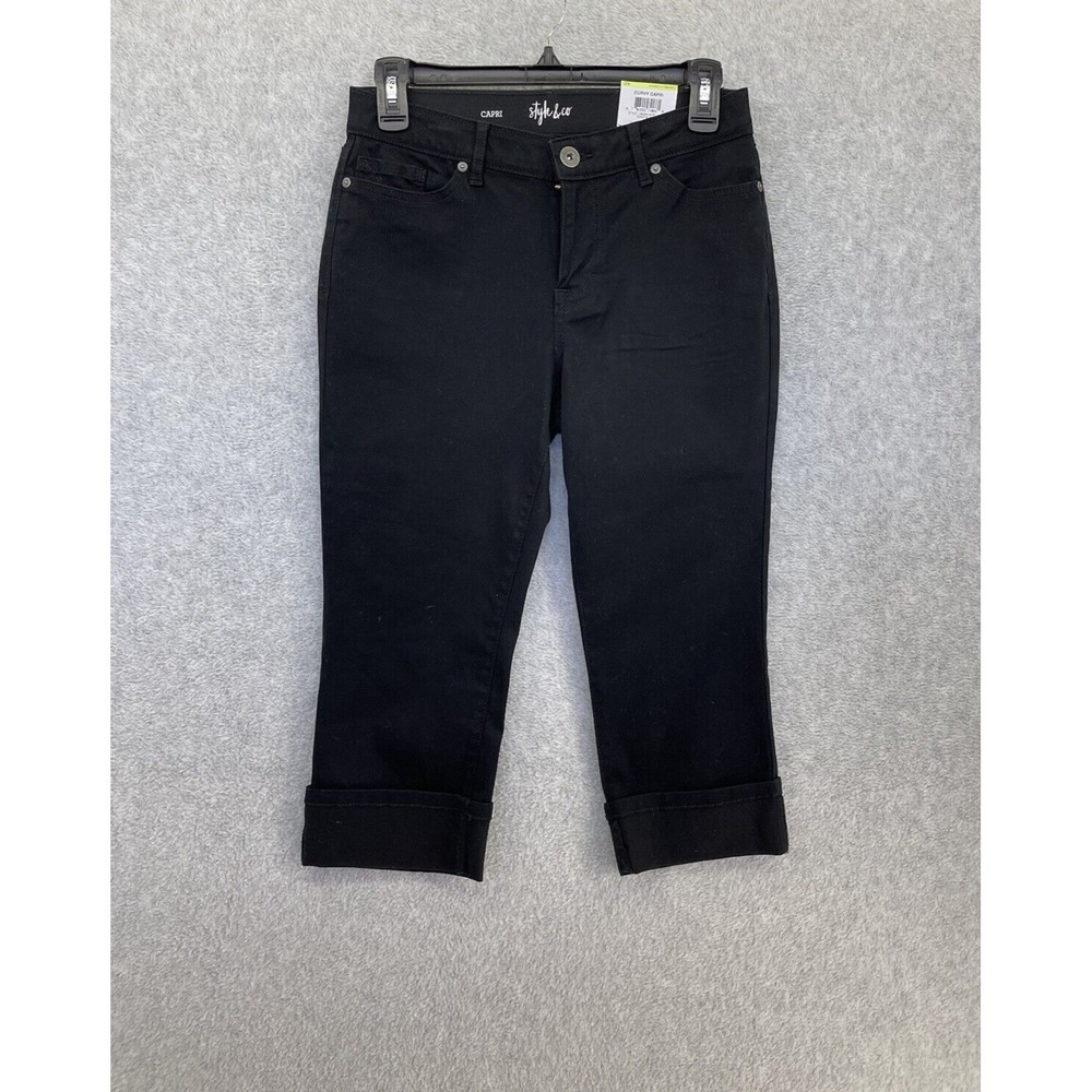 Style & Co Women's Capri Pants Solid Black Cuffed Size 4 Petite Curvy